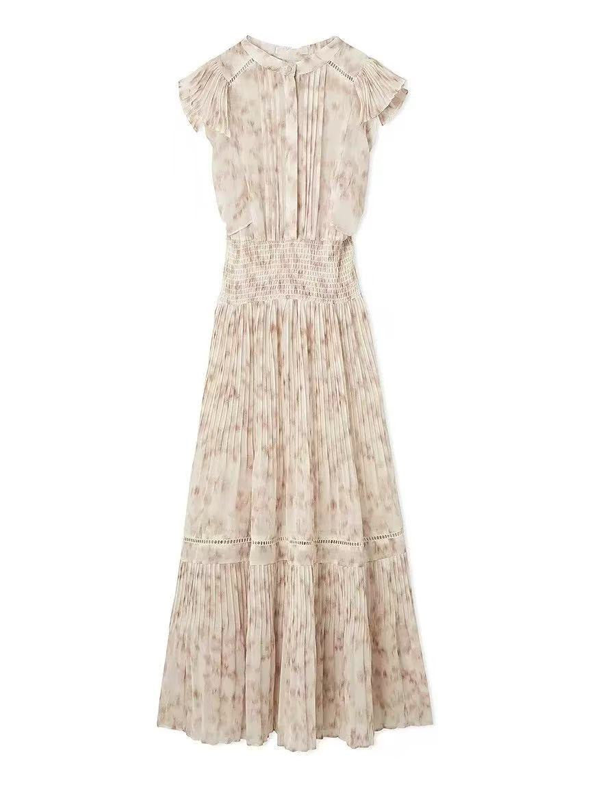 Sweet Flying Sleeve Printed Waist-controlled Pleated Chiffon Dress