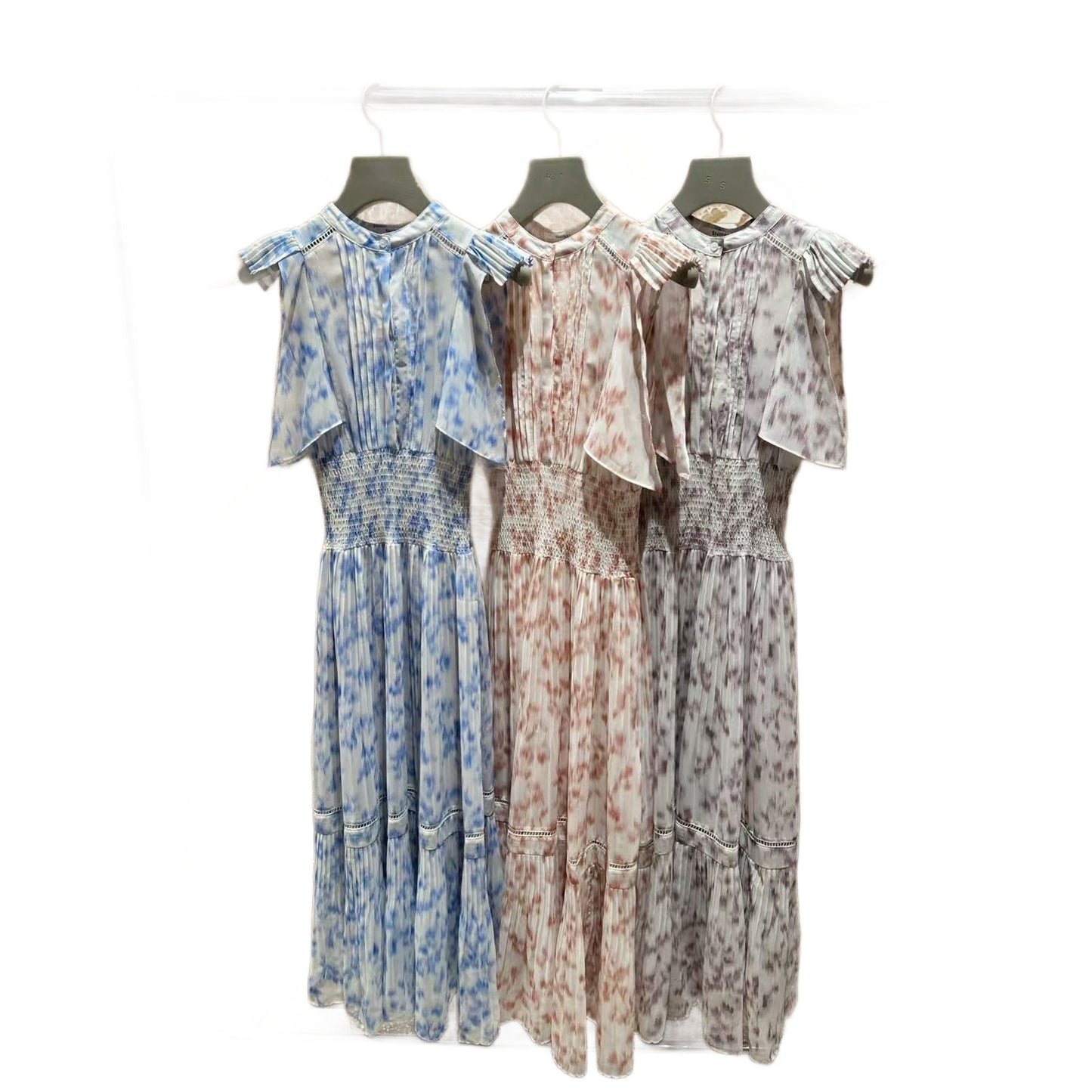 Sweet Flying Sleeve Printed Waist-controlled Pleated Chiffon Dress