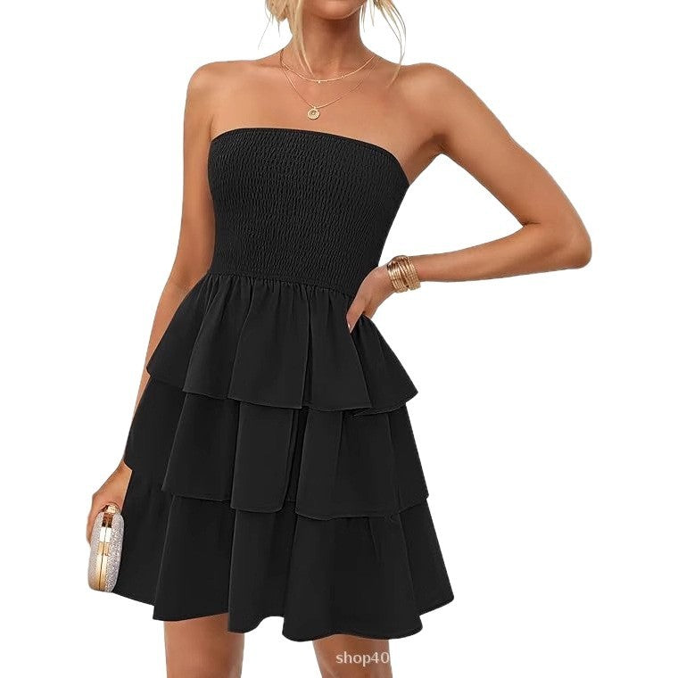 Women's Summer Pleated Tube Top Dress Off-the-shoulder Dress