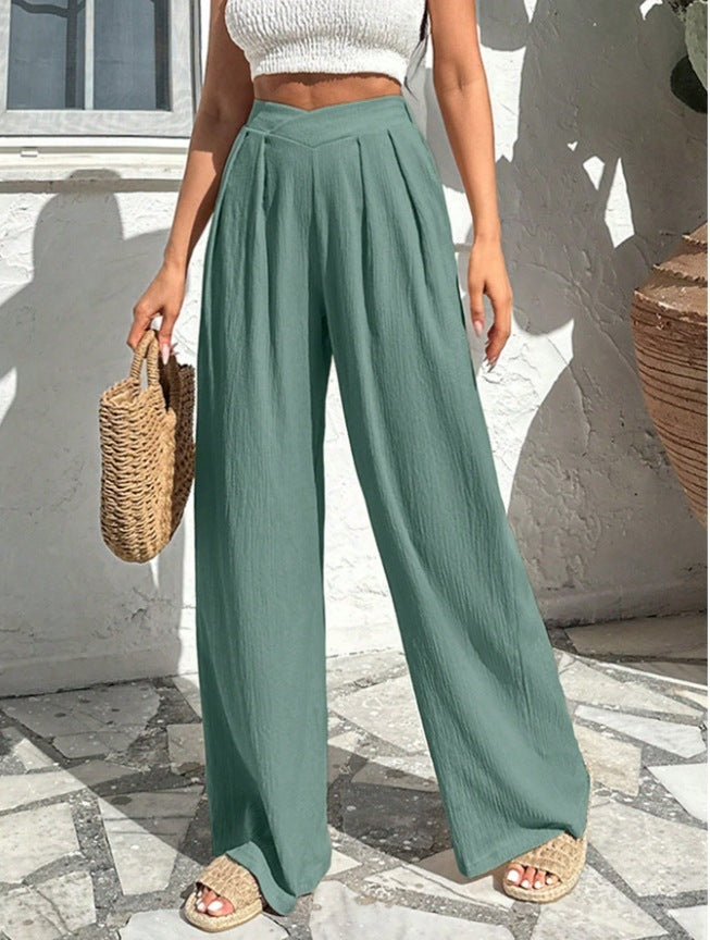 New Commute Style Summer Cross Pleated Casual High Waist Loose Trousers