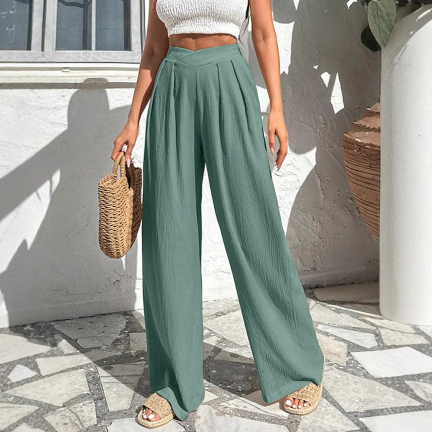 New Commute Style Summer Cross Pleated Casual High Waist Loose Trousers