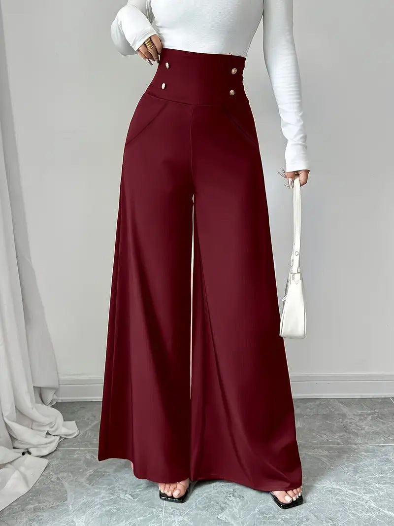 Women's Minimalist Elegant High Waist Tummy Control Black Wide Leg Pants With Pockets Suitable For Work Office Wear